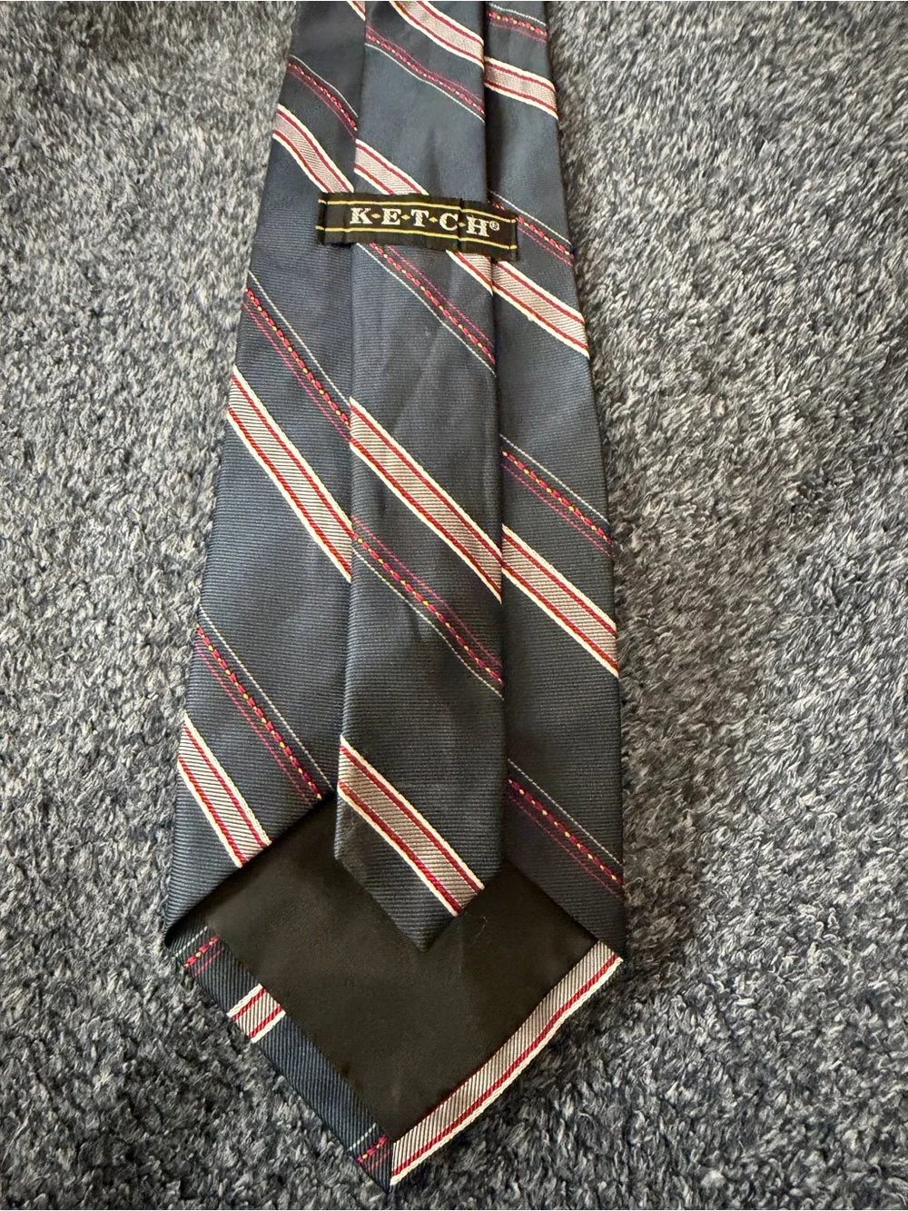 Ketch Classic Navy Blue Men's Stripe Tie with Red and White Accents